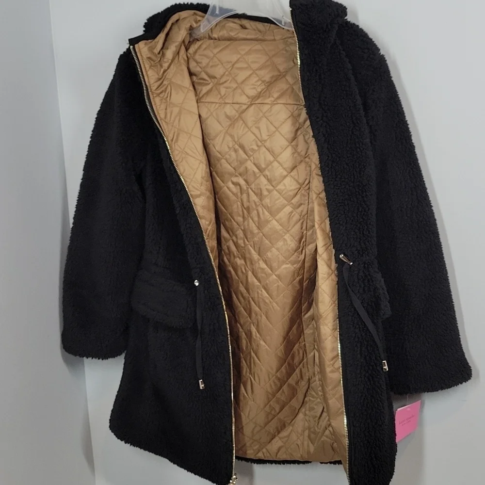 Kate Spade Reversible Black Sherpa Teddy Jacket Cinch Waist Coat XS x- small